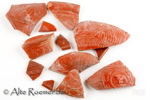 Scherben von Terra Sigillata-Gefäßen, verziert und glatt, ein Gefäßboden gestempelt