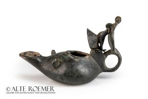 Impressive massive Roman bronze oil lamp with bird