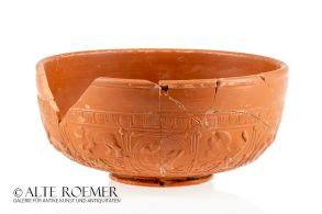 Large impressive Terra Sigillata bowl found 1971 in the Rhineland with hunt scenes and Roman eagle 